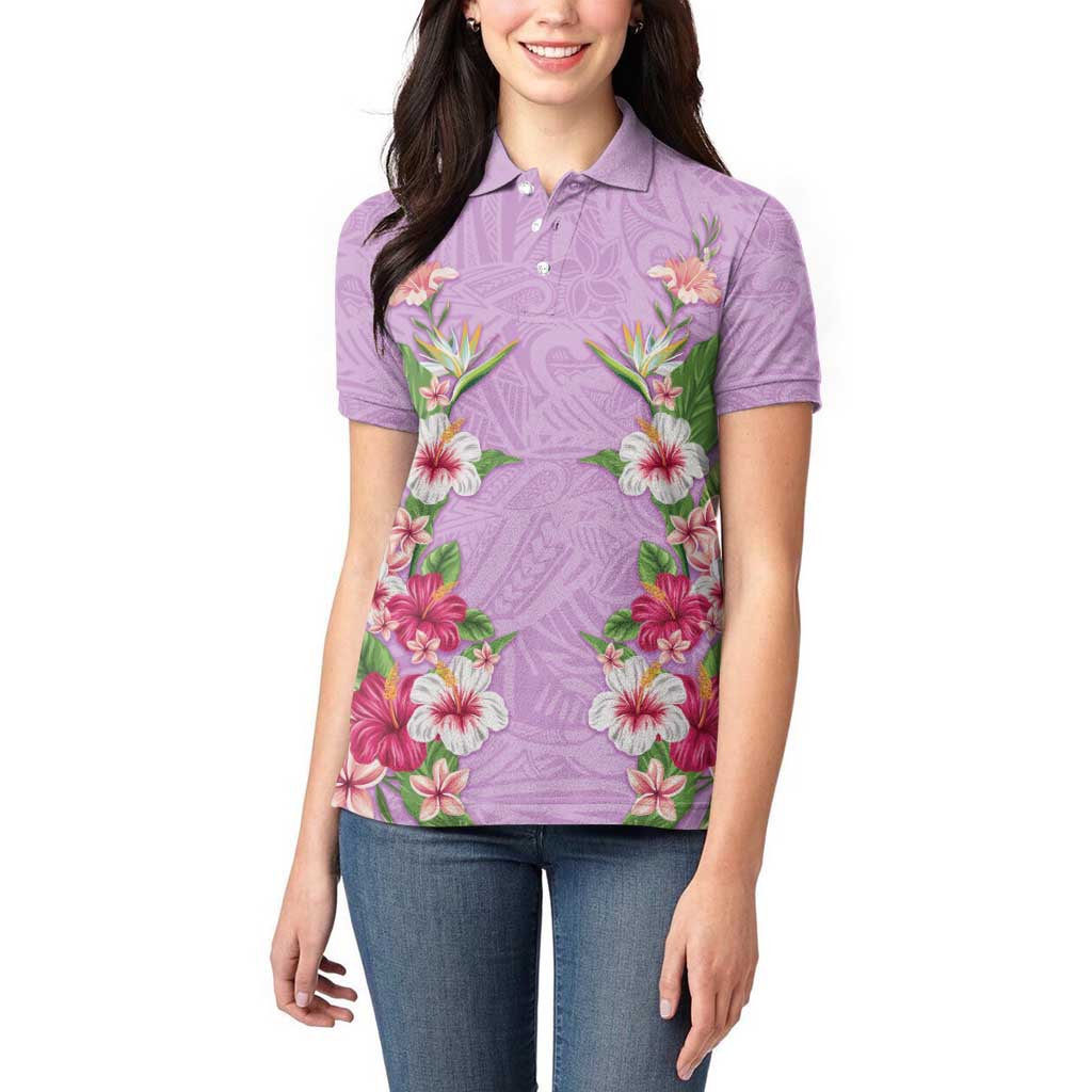 Hawaii Tropical Flowers Women Polo Shirt Lavender Polynesian Tattoo Art LT05 - Polynesian Pride