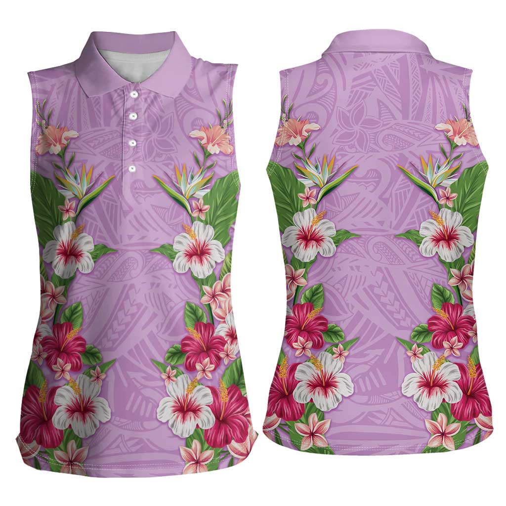 Hawaii Tropical Flowers Women Sleeveless Polo Shirt Lavender Polynesian Tattoo Art LT05 - Polynesian Pride