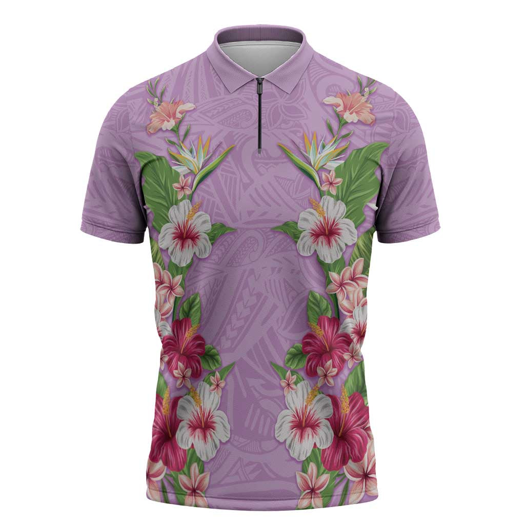 Hawaii Tropical Flowers Zipper Polo Shirt Lavender Polynesian Tattoo Art LT05 Lavender - Polynesian Pride