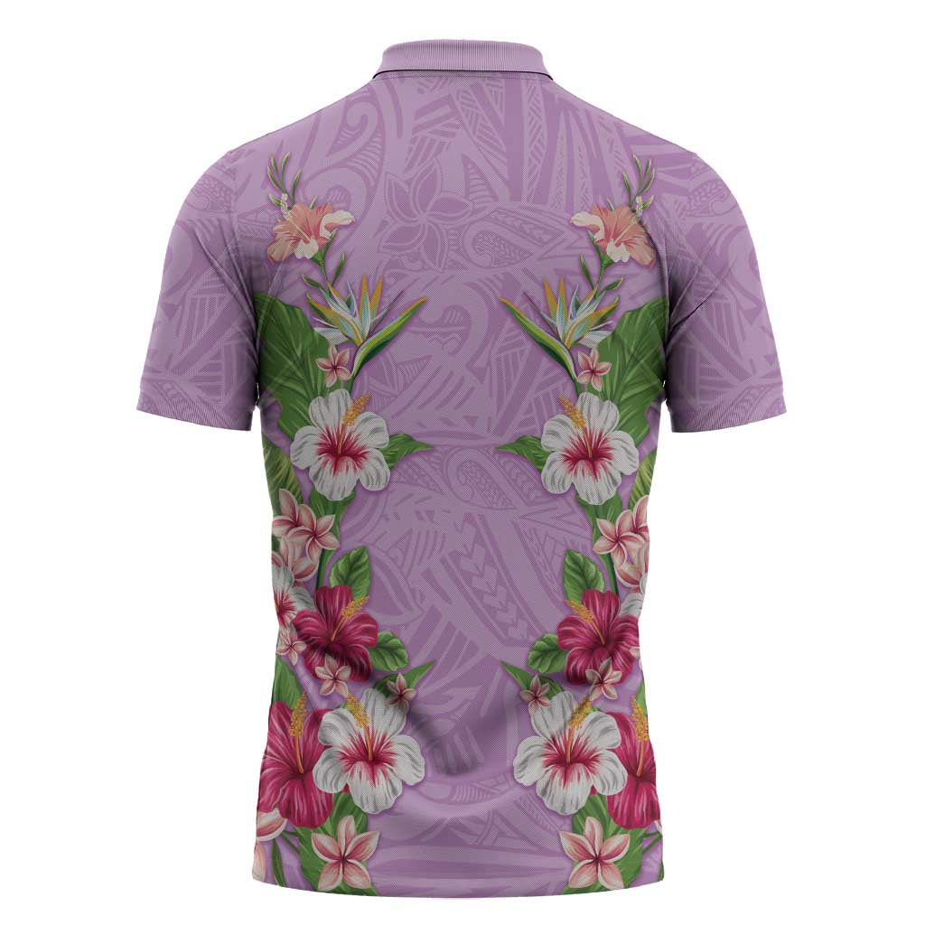 Hawaii Tropical Flowers Zipper Polo Shirt Lavender Polynesian Tattoo Art LT05 - Polynesian Pride