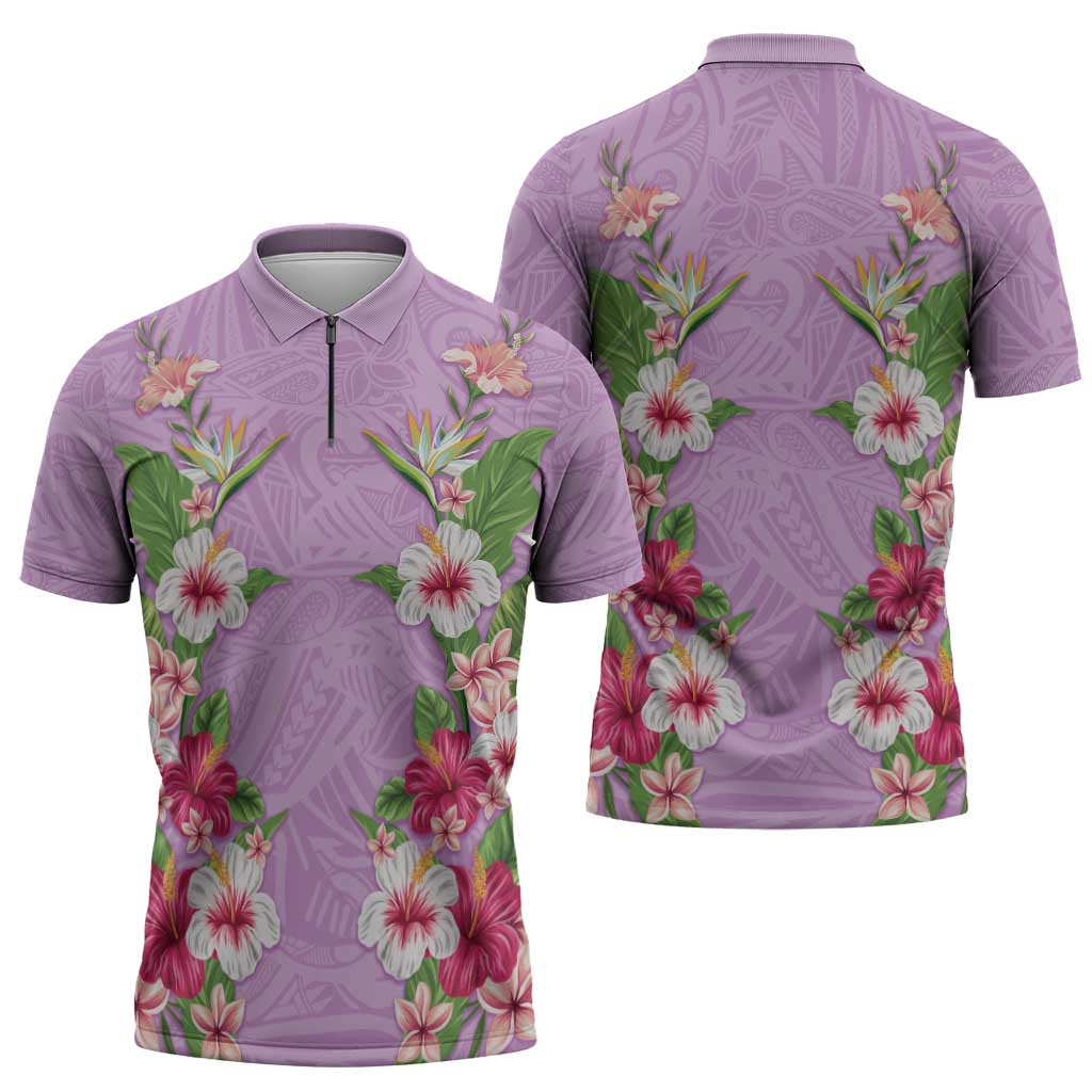 Hawaii Tropical Flowers Zipper Polo Shirt Lavender Polynesian Tattoo Art LT05 - Polynesian Pride