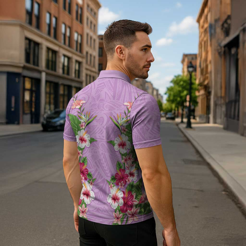 Hawaii Tropical Flowers Zipper Polo Shirt Lavender Polynesian Tattoo Art LT05 - Polynesian Pride