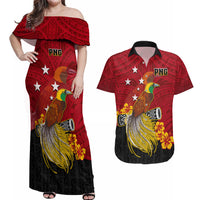 Personalized Papua New Guinea Couples Matching Off Shoulder Maxi Dress and Hawaiian Shirt Bird Of Paradise Hibiscus With Motuan Pattern LT05 Red - Polynesian Pride