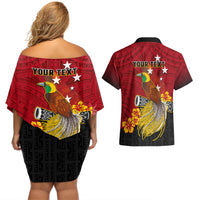 Personalized Papua New Guinea Couples Matching Off Shoulder Short Dress and Hawaiian Shirt Bird Of Paradise Hibiscus With Motuan Pattern LT05 - Polynesian Pride