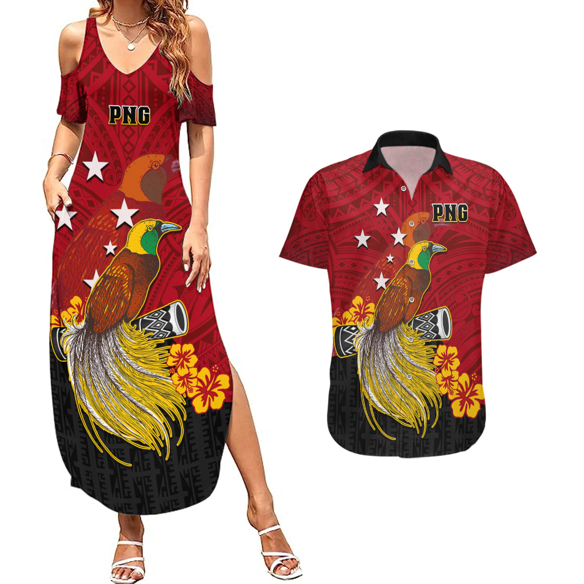 Personalized Papua New Guinea Couples Matching Summer Maxi Dress and Hawaiian Shirt Bird Of Paradise Hibiscus With Motuan Pattern LT05 Red - Polynesian Pride