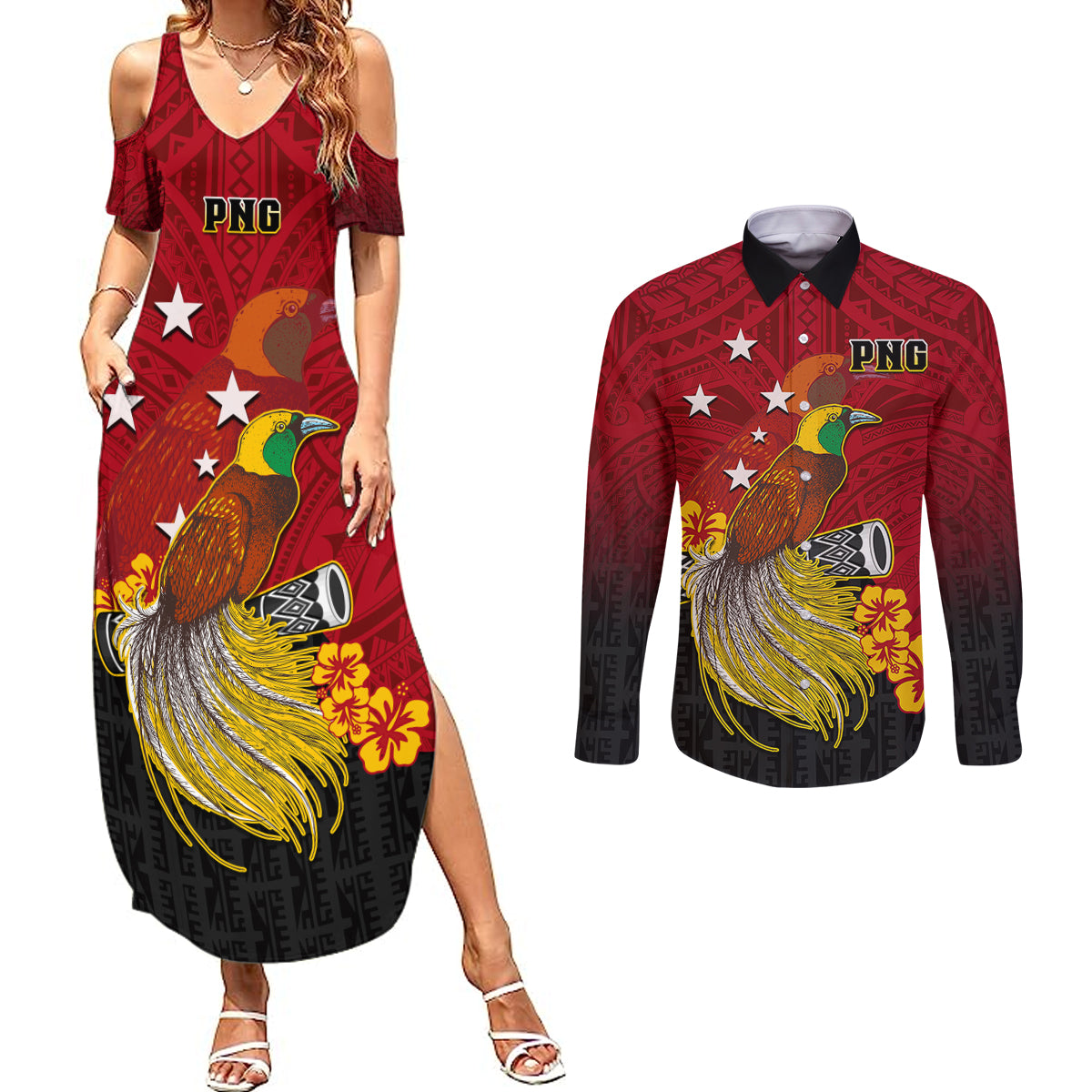 Personalized Papua New Guinea Couples Matching Summer Maxi Dress and Long Sleeve Button Shirts Bird Of Paradise Hibiscus With Motuan Pattern LT05 Red - Polynesian Pride