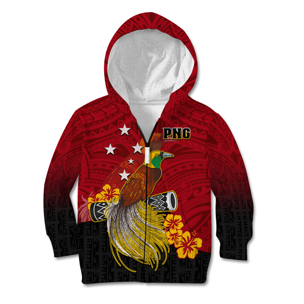 Personalized Papua New Guinea Kid Hoodie Bird Of Paradise Hibiscus With Motuan Pattern LT05 Zip Hoodie Red - Polynesian Pride