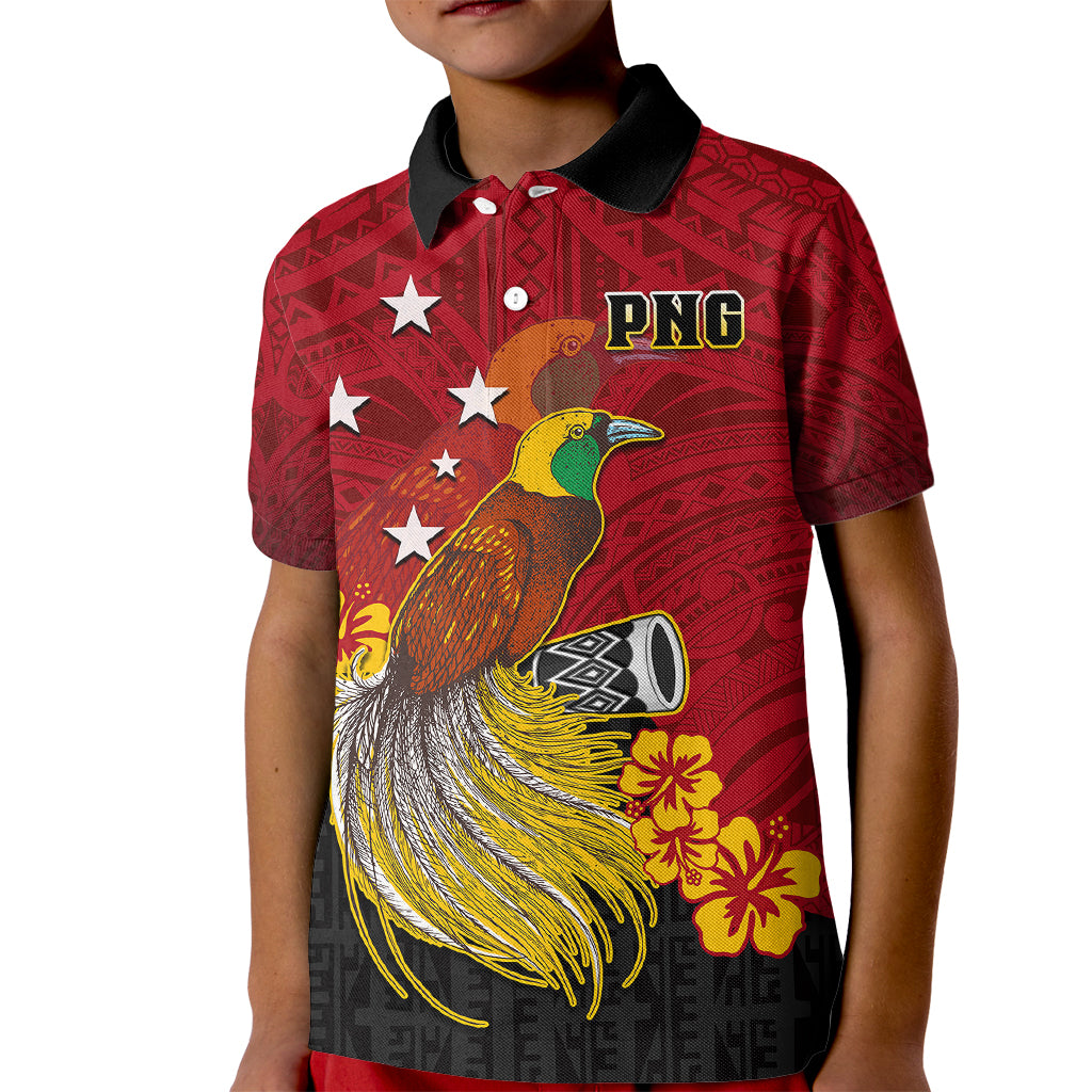 Personalized Papua New Guinea Kid Polo Shirt Bird Of Paradise Hibiscus With Motuan Pattern LT05 Kid Red - Polynesian Pride