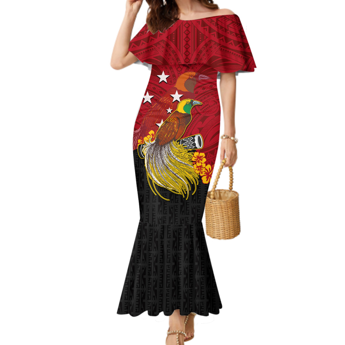 Personalized Papua New Guinea Mermaid Dress Bird Of Paradise Hibiscus With Motuan Pattern LT05 Women Red - Polynesian Pride