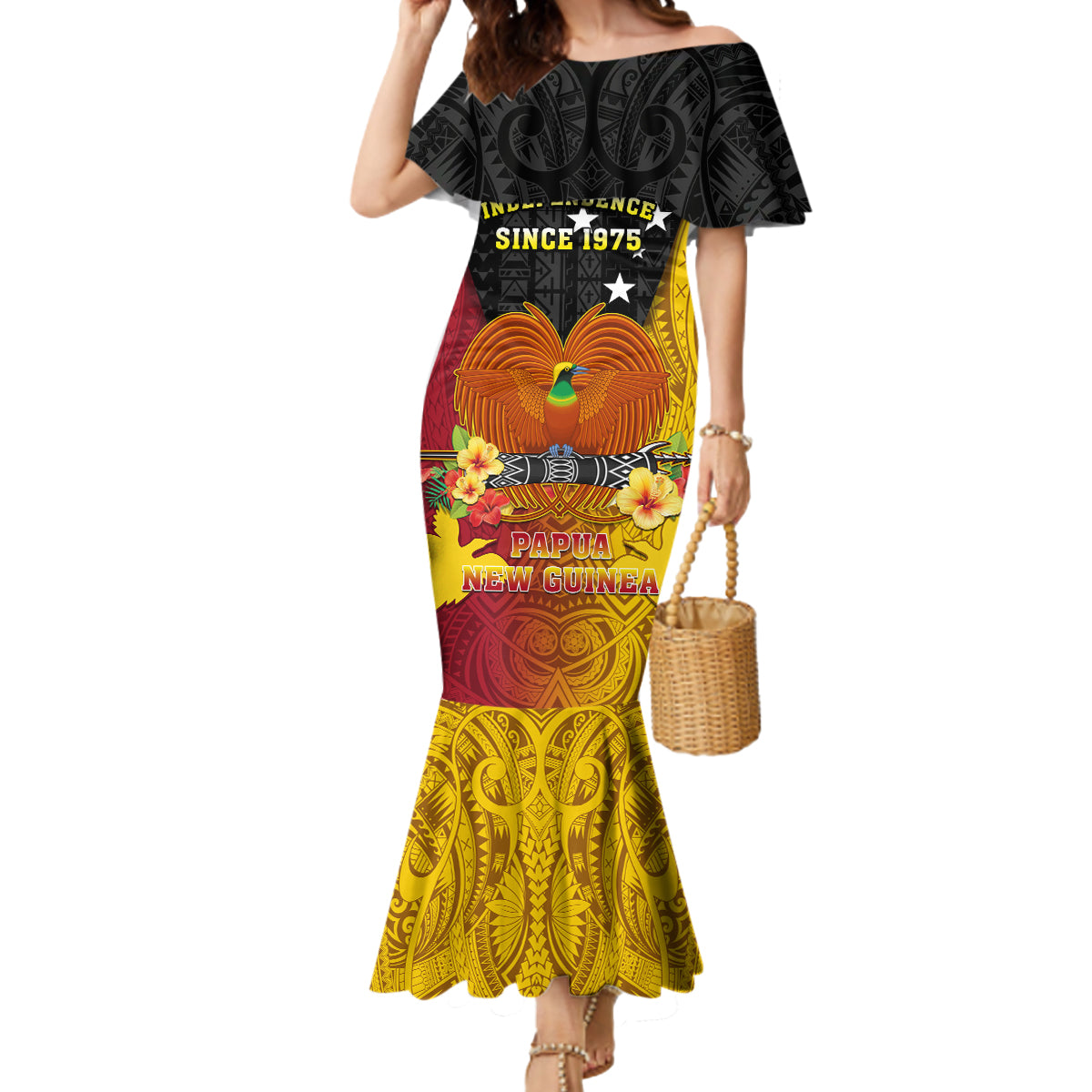 Personalized Papua New Guinea Independence Day Mermaid Dress Bird Of Paradise With Polynesian Pattern LT05 Women Yellow - Polynesian Pride