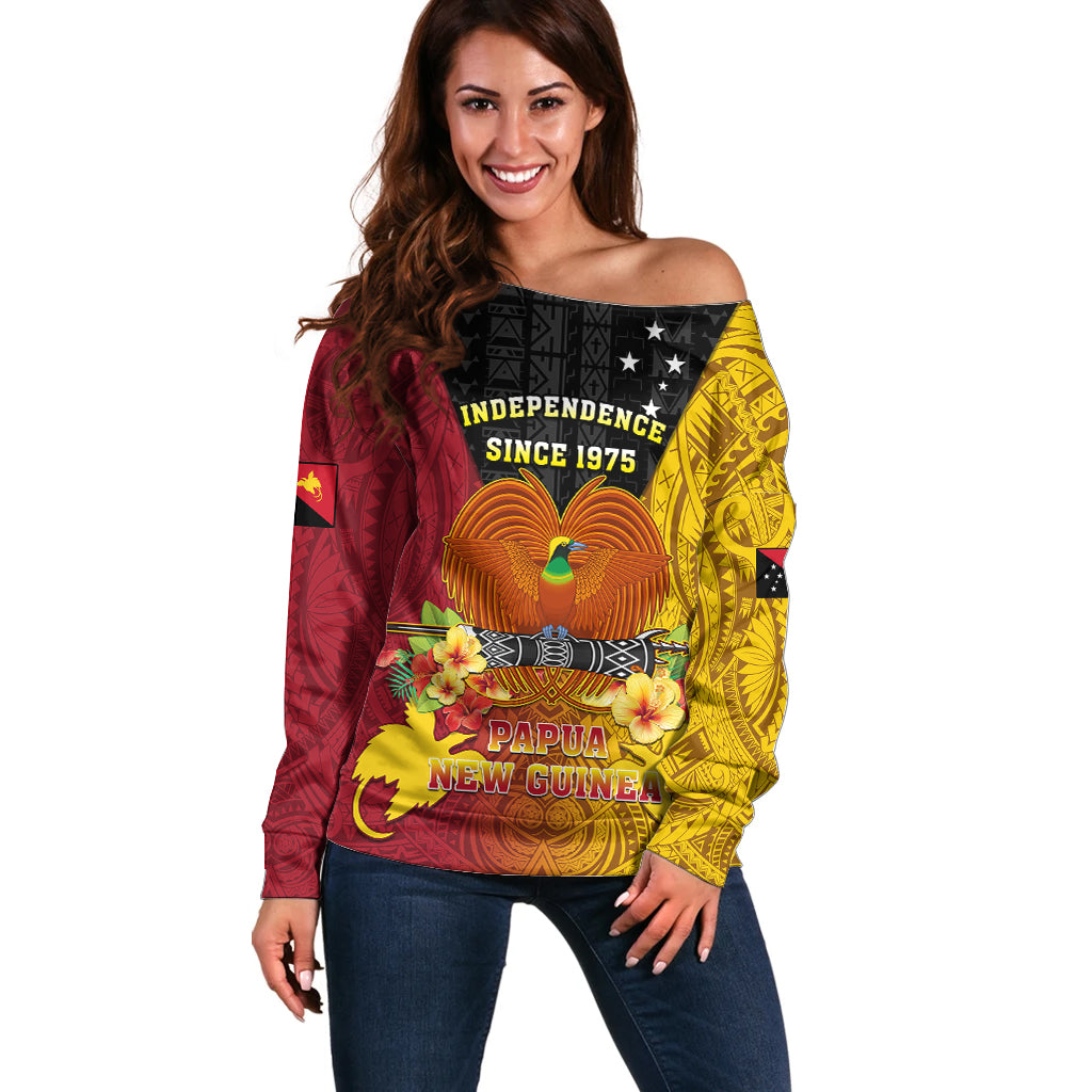 Personalized Papua New Guinea Independence Day Off Shoulder Sweater Bird Of Paradise With Polynesian Pattern LT05 Women Yellow - Polynesian Pride