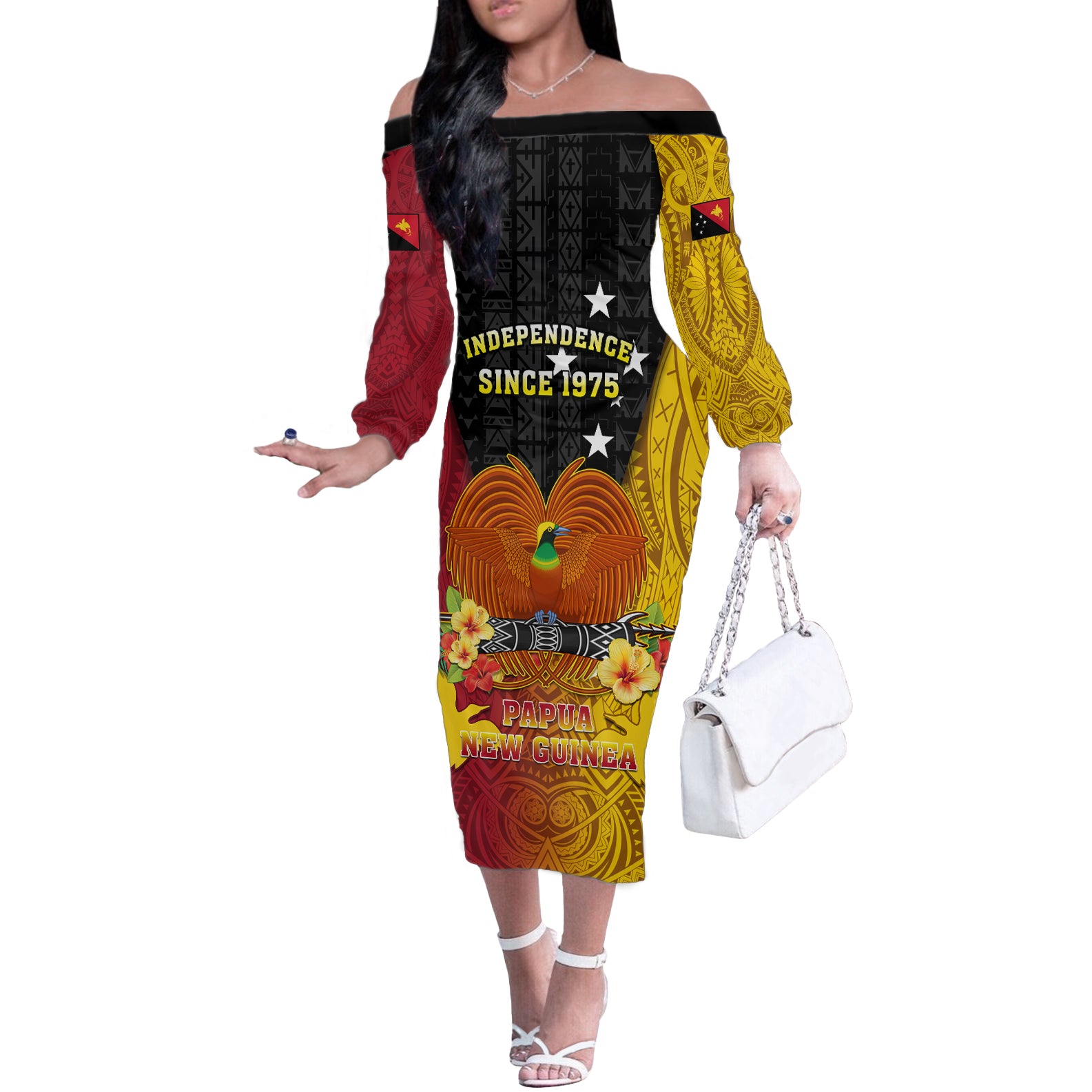 Personalized Papua New Guinea Independence Day Off The Shoulder Long Sleeve Dress Bird Of Paradise With Polynesian Pattern LT05 Women Yellow - Polynesian Pride