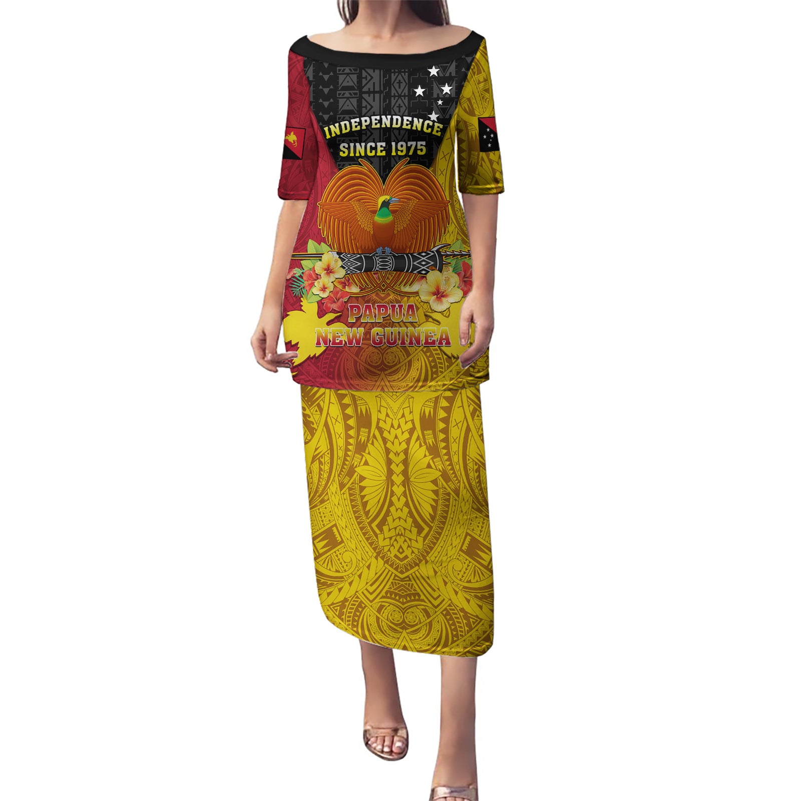 Personalized Papua New Guinea Independence Day Puletasi Bird Of Paradise With Polynesian Pattern LT05 Long Dress Yellow - Polynesian Pride