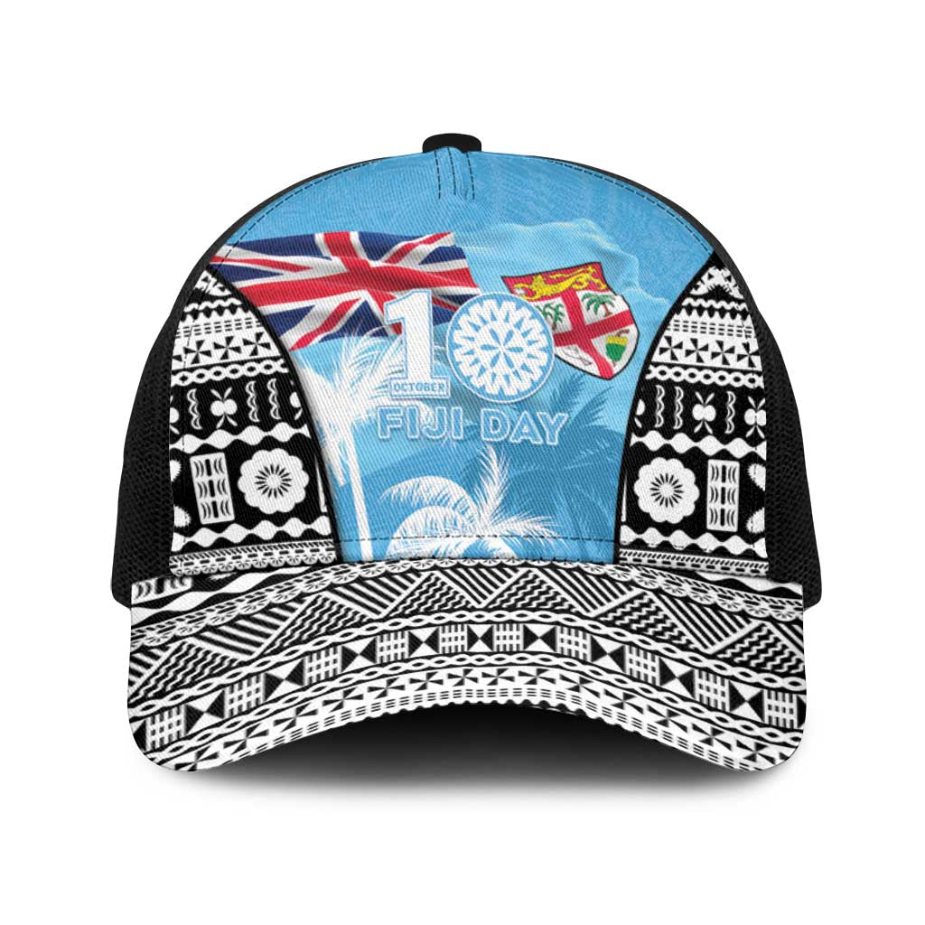 Fiji Day 2026 Baseball Net Cap Masi Tapa Pattern With Palm Tree LT05 One Size Black Blue - Polynesian Pride