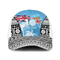 Fiji Day 2026 Baseball Net Cap Masi Tapa Pattern With Palm Tree LT05 One Size White Blue - Polynesian Pride