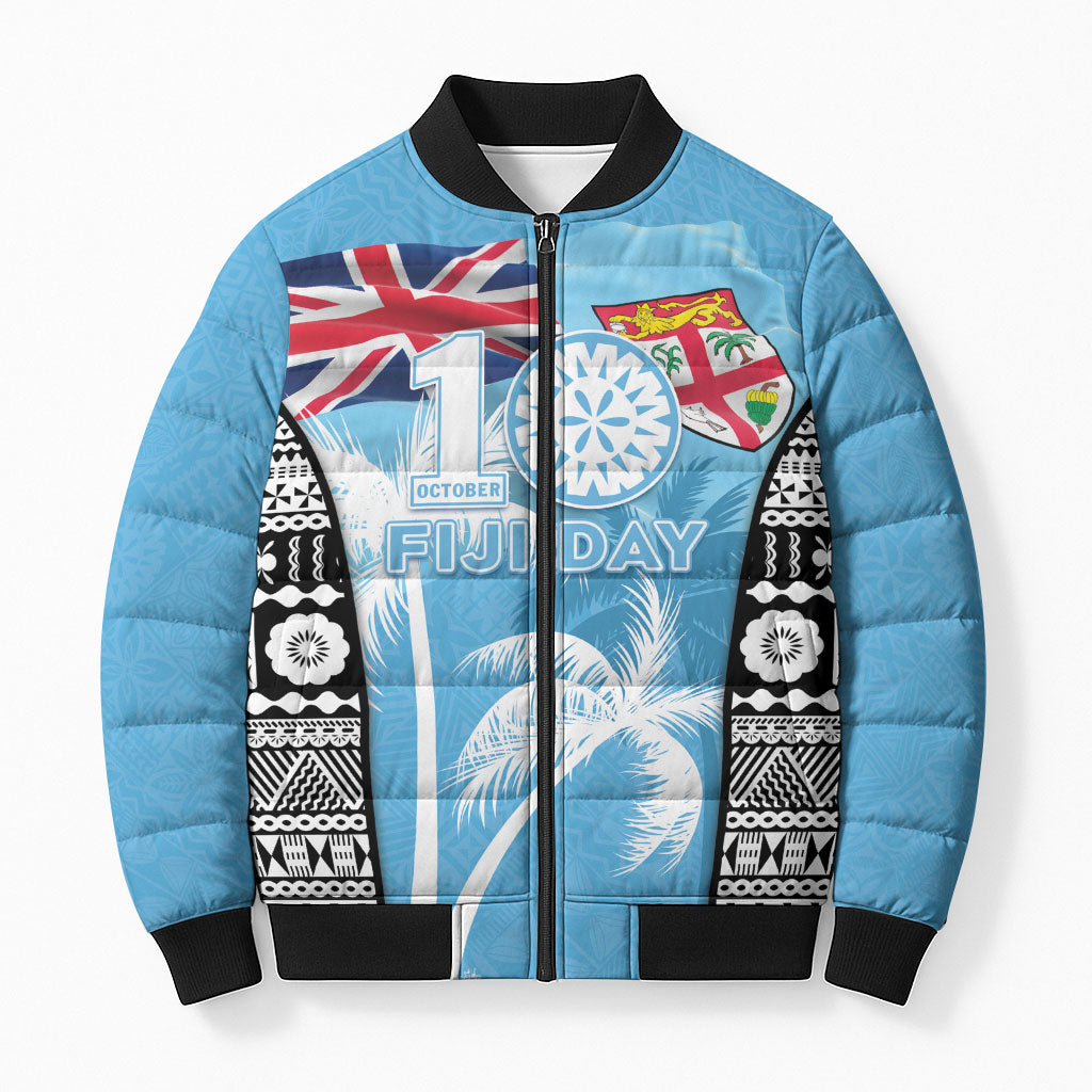 Personalised Fiji Day 2026 Bomber Puffer Jacket Masi Tapa Pattern With Palm Tree LT05 Unisex Blue - Polynesian Pride