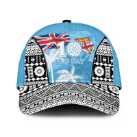 Fiji Day 2026 Classic Cap Masi Tapa Pattern With Palm Tree LT05 Universal Fit Blue - Polynesian Pride