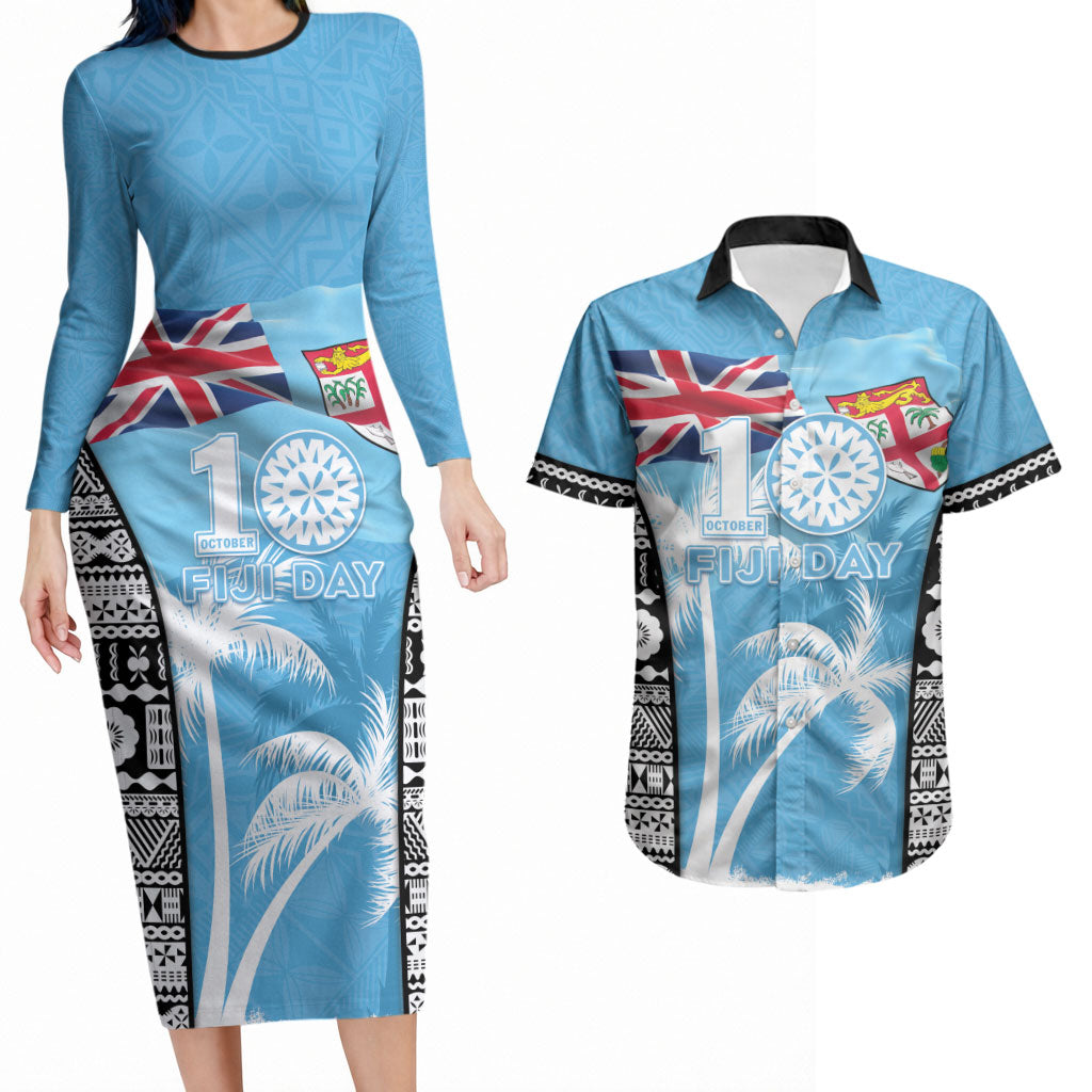 Personalised Fiji Day 2026 Couples Matching Long Sleeve Bodycon Dress and Hawaiian Shirt Masi Tapa Pattern With Palm Tree LT05 Blue - Polynesian Pride