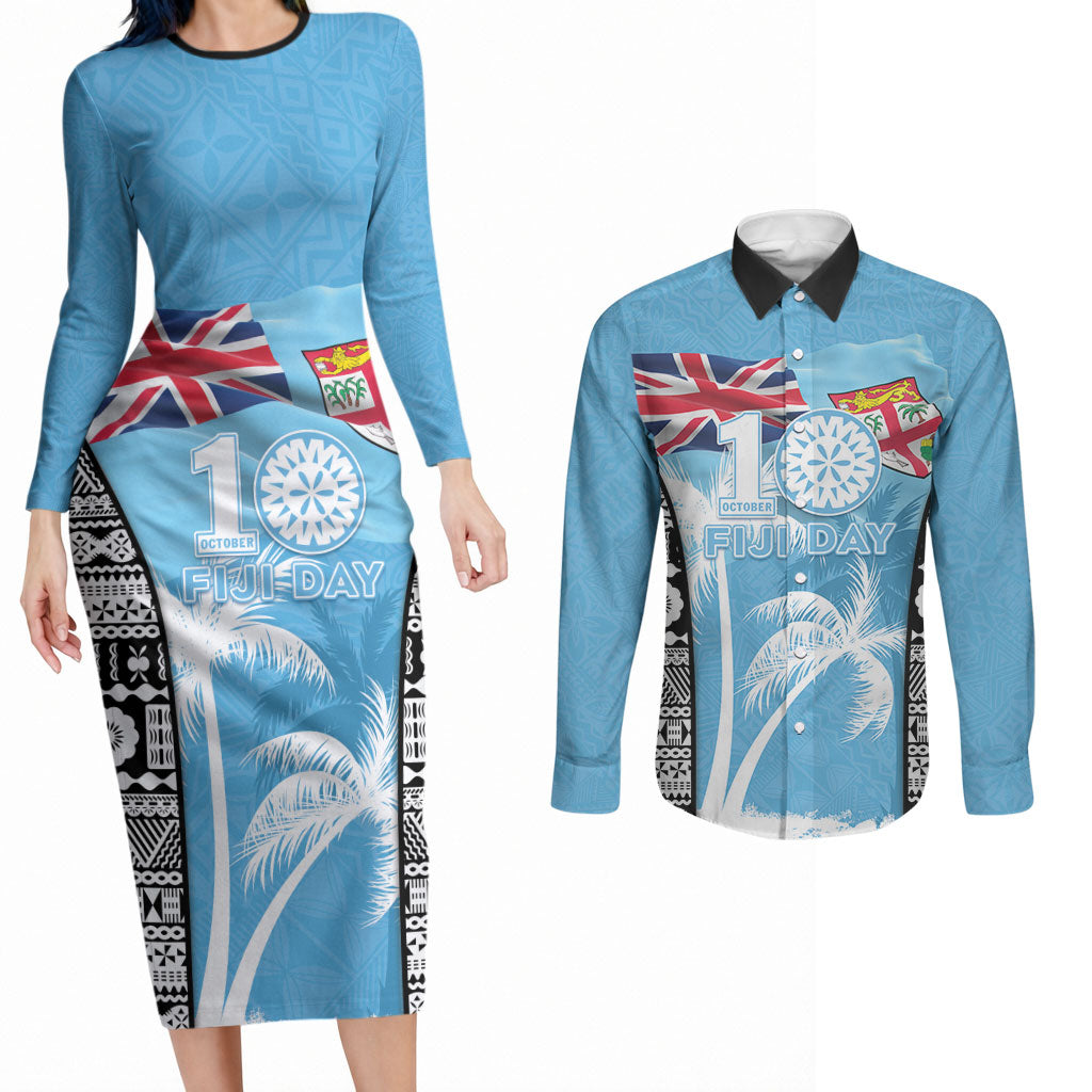 Personalised Fiji Day 2026 Couples Matching Long Sleeve Bodycon Dress and Long Sleeve Button Shirt Masi Tapa Pattern With Palm Tree LT05 Blue - Polynesian Pride