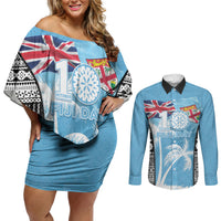 Personalised Fiji Day 2026 Couples Matching Off Shoulder Short Dress and Long Sleeve Button Shirt Masi Tapa Pattern With Palm Tree LT05 Blue - Polynesian Pride