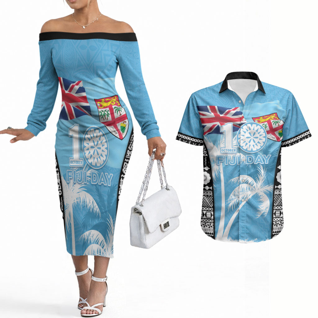 Personalised Fiji Day 2026 Couples Matching Off The Shoulder Long Sleeve Dress and Hawaiian Shirt Masi Tapa Pattern With Palm Tree LT05 Blue - Polynesian Pride