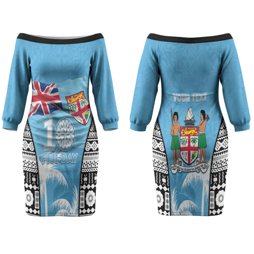 Personalised Fiji Day 2026 Couples Matching Off The Shoulder Long Sleeve Dress and Hawaiian Shirt Masi Tapa Pattern With Palm Tree LT05 - Polynesian Pride