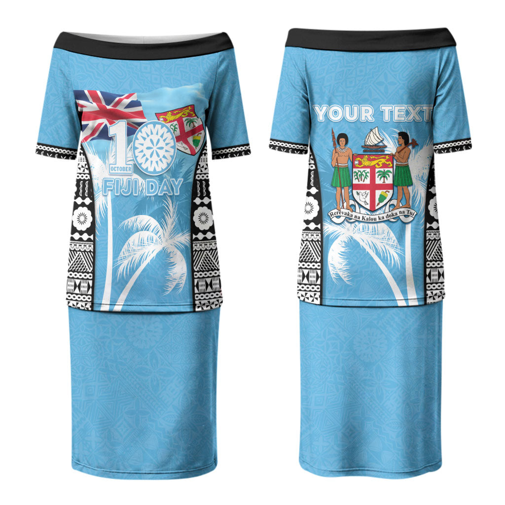 Personalised Fiji Day 2026 Couples Matching Puletasi and Long Sleeve Button Shirt Masi Tapa Pattern With Palm Tree LT05 - Polynesian Pride