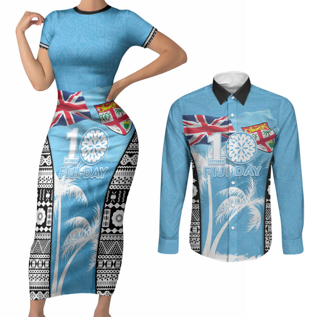 Personalised Fiji Day 2026 Couples Matching Short Sleeve Bodycon Dress and Long Sleeve Button Shirt Masi Tapa Pattern With Palm Tree LT05 Blue - Polynesian Pride