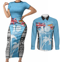 Personalised Fiji Day 2026 Couples Matching Short Sleeve Bodycon Dress and Long Sleeve Button Shirt Masi Tapa Pattern With Palm Tree LT05 Blue - Polynesian Pride