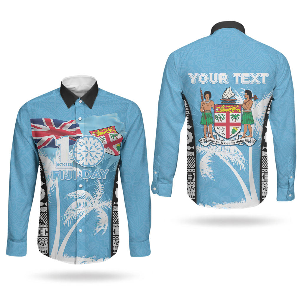 Personalised Fiji Day 2026 Couples Matching Short Sleeve Bodycon Dress and Long Sleeve Button Shirt Masi Tapa Pattern With Palm Tree LT05 - Polynesian Pride