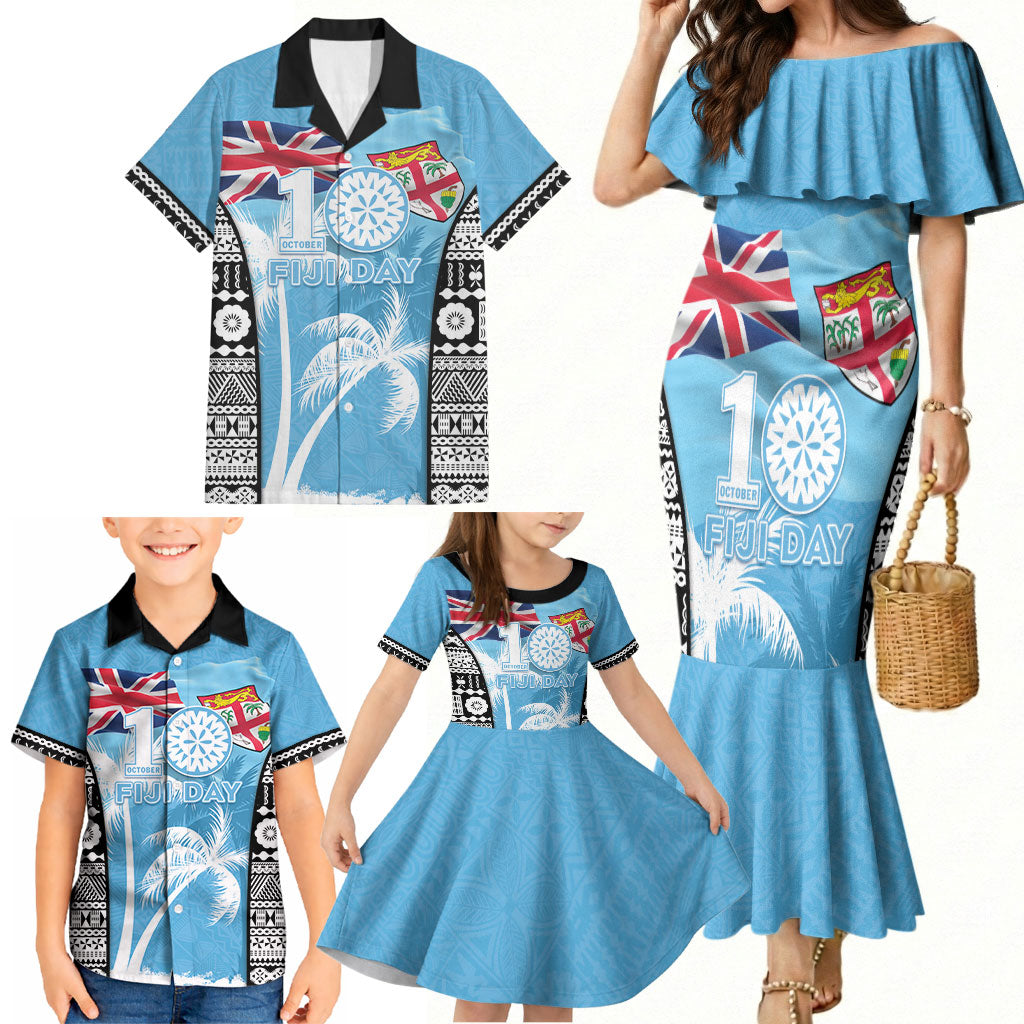 Personalised Fiji Day 2026 Family Matching Mermaid Dress and Hawaiian Shirt Masi Tapa Pattern With Palm Tree