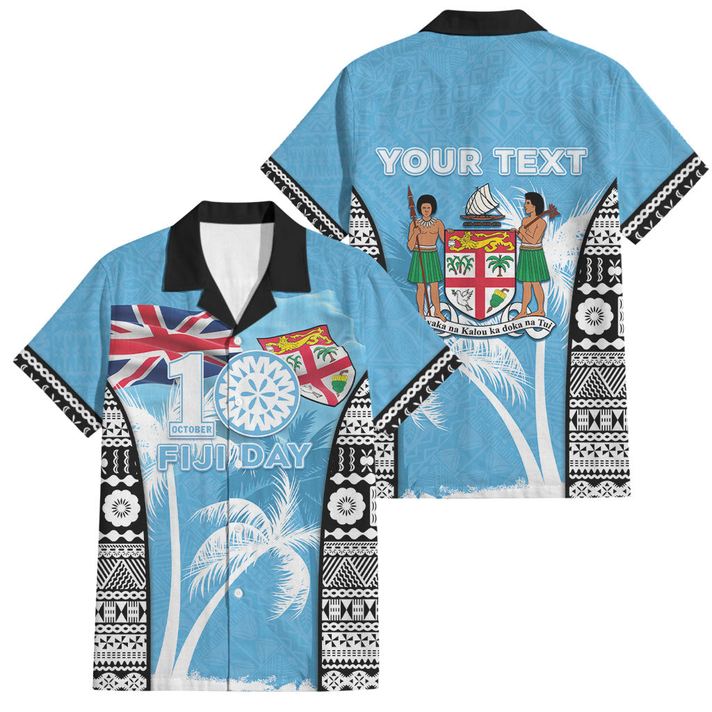 Personalised Fiji Day 2026 Family Matching Off Shoulder Maxi Dress and Hawaiian Shirt Masi Tapa Pattern With Palm Tree LT05 Dad's Shirt - Short Sleeve Blue - Polynesian Pride
