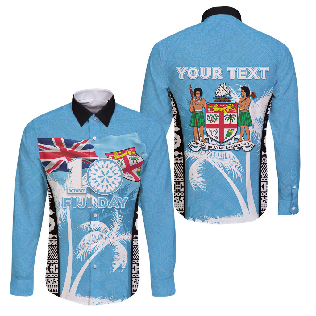 Personalised Fiji Day 2026 Family Matching Off Shoulder Maxi Dress and Hawaiian Shirt Masi Tapa Pattern With Palm Tree LT05 Dad's Shirt - Long Sleeve Blue - Polynesian Pride