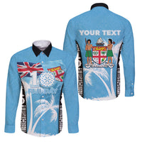 Personalised Fiji Day 2026 Family Matching Off Shoulder Maxi Dress and Hawaiian Shirt Masi Tapa Pattern With Palm Tree LT05 Dad's Shirt - Long Sleeve Blue - Polynesian Pride