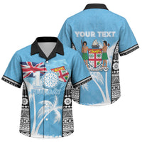 Personalised Fiji Day 2026 Family Matching Off Shoulder Maxi Dress and Hawaiian Shirt Masi Tapa Pattern With Palm Tree LT05 Son's Shirt Blue - Polynesian Pride