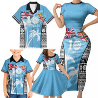 Personalised Fiji Day 2026 Family Matching Short Sleeve Bodycon Dress and Hawaiian Shirt Masi Tapa Pattern With Palm Tree LT05 - Polynesian Pride