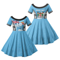Personalised Fiji Day 2026 Family Matching Short Sleeve Bodycon Dress and Hawaiian Shirt Masi Tapa Pattern With Palm Tree LT05 Daughter's Dress Blue - Polynesian Pride