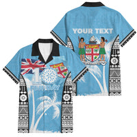 Personalised Fiji Day 2026 Family Matching Tank Maxi Dress and Hawaiian Shirt Masi Tapa Pattern With Palm Tree LT05 Dad's Shirt - Short Sleeve Blue - Polynesian Pride
