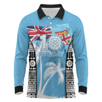 Personalised Fiji Day 2026 Long Sleeve Polo Shirt Masi Tapa Pattern With Palm Tree LT05 Blue - Polynesian Pride