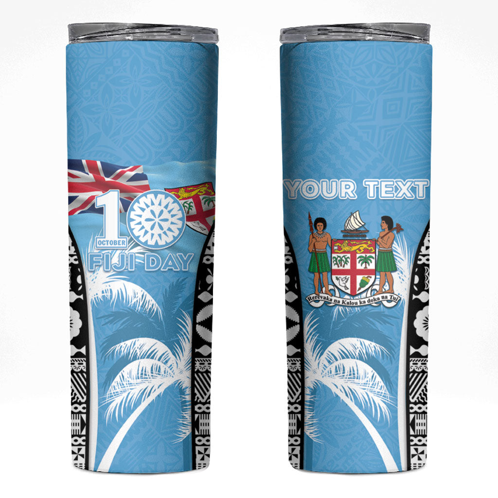 Personalised Fiji Day 2026 Skinny Tumbler Masi Tapa Pattern With Palm Tree LT05 Blue - Polynesian Pride