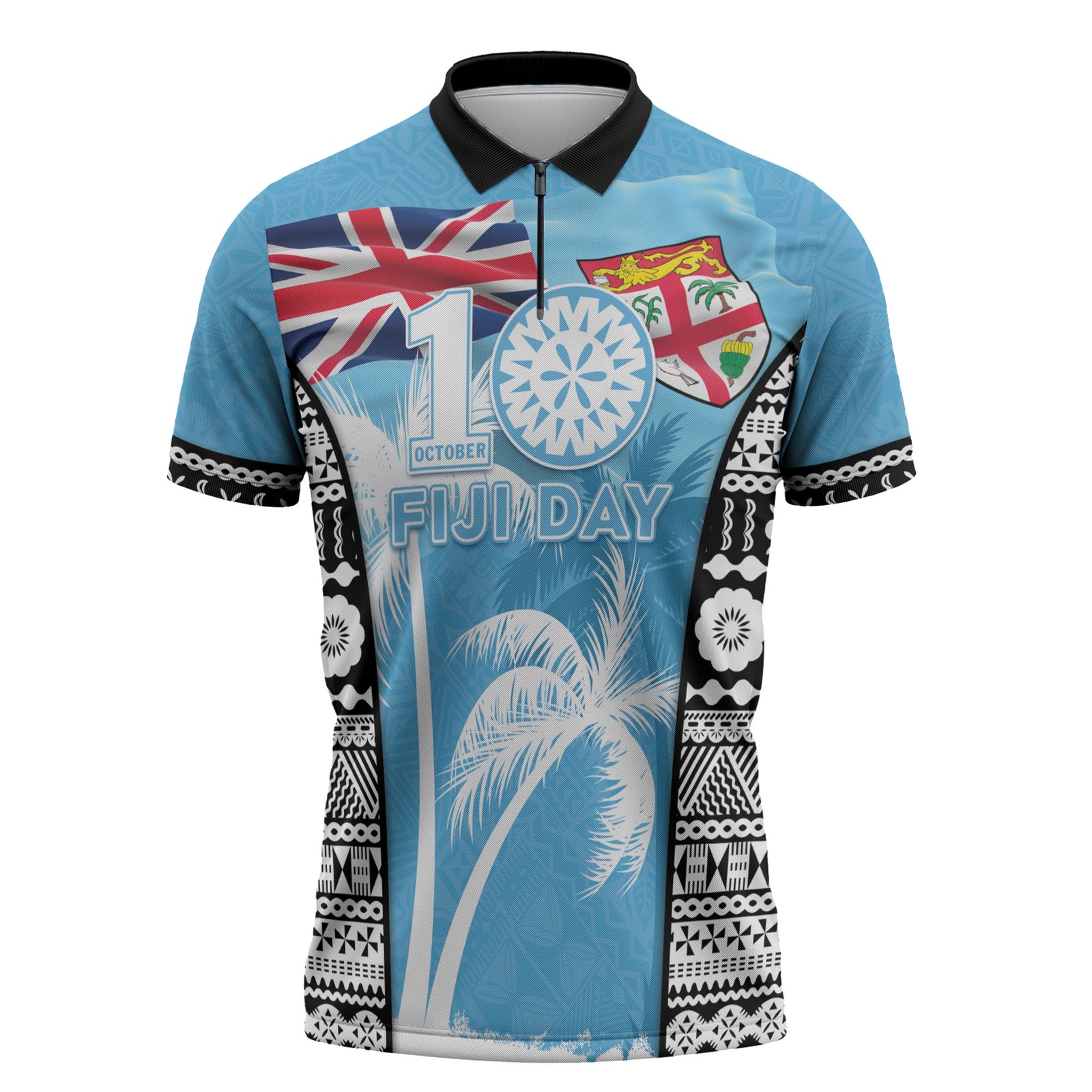 Personalised Fiji Day 2026 Zipper Polo Shirt Masi Tapa Pattern With Palm Tree LT05 Blue - Polynesian Pride