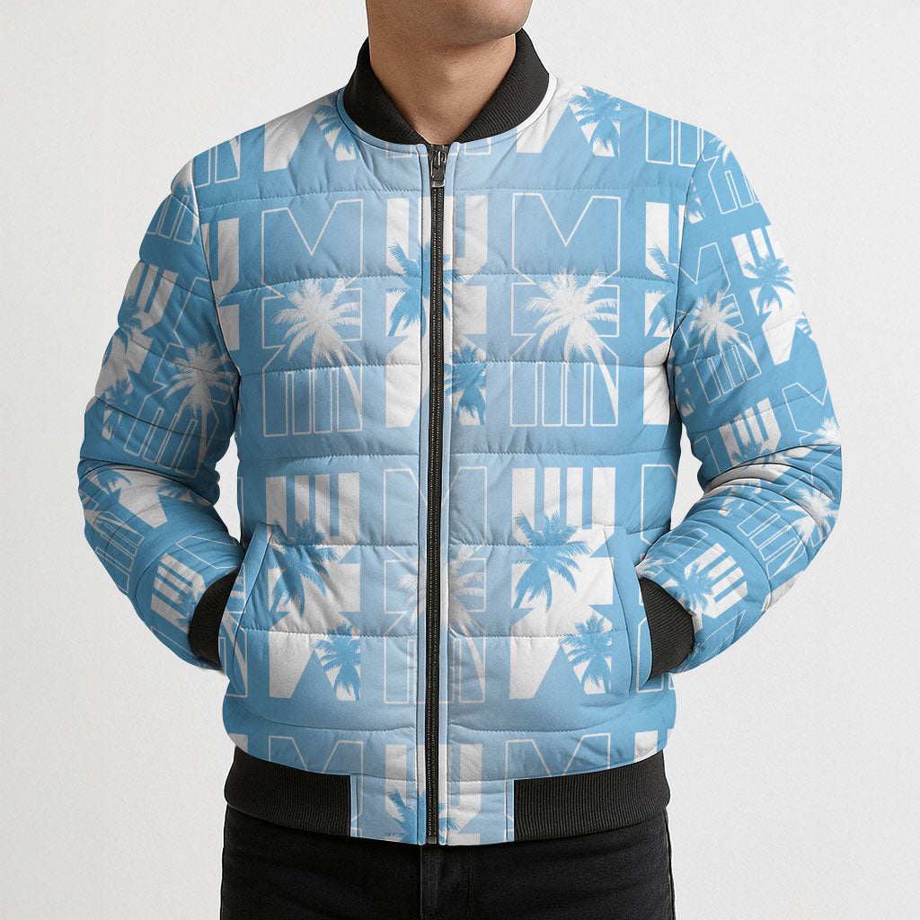 Bula Fiji Bomber Puffer Jacket Blue Makare Masi Tapa Pattern LT05 - Polynesian Pride