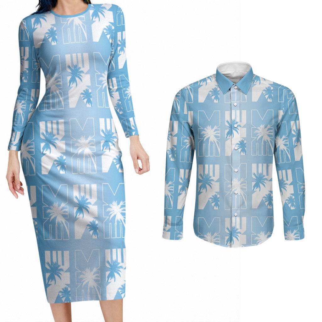 Bula Fiji Couples Matching Long Sleeve Bodycon Dress and Long Sleeve Button Shirt Blue Makare Masi Tapa Pattern LT05 Blue - Polynesian Pride