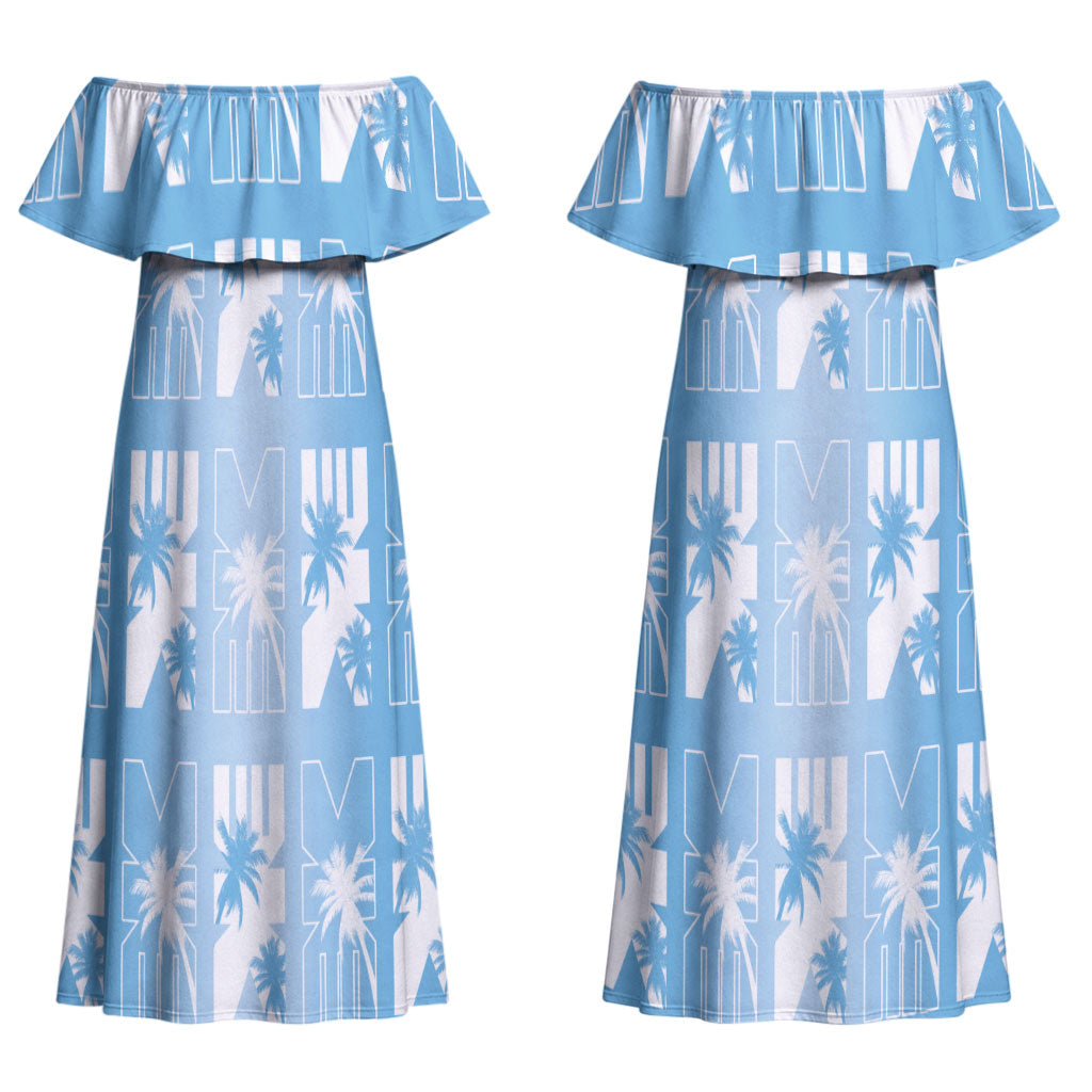 Bula Fiji Couples Matching Off Shoulder Maxi Dress and Long Sleeve Button Shirt Blue Makare Masi Tapa Pattern LT05 - Polynesian Pride