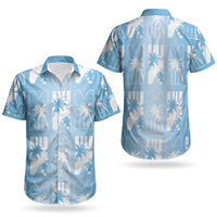 Bula Fiji Couples Matching Off Shoulder Short Dress and Hawaiian Shirt Blue Makare Masi Tapa Pattern LT05 - Polynesian Pride