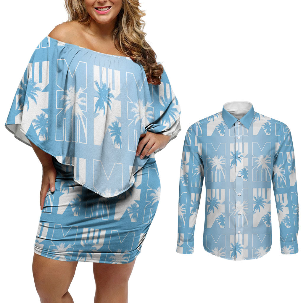 Bula Fiji Couples Matching Off Shoulder Short Dress and Long Sleeve Button Shirt Blue Makare Masi Tapa Pattern LT05 Blue - Polynesian Pride