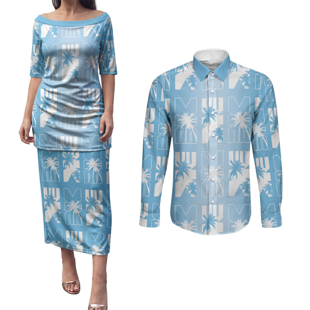 Bula Fiji Couples Matching Puletasi and Long Sleeve Button Shirt Blue Makare Masi Tapa Pattern LT05 Blue - Polynesian Pride