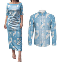 Bula Fiji Couples Matching Puletasi and Long Sleeve Button Shirt Blue Makare Masi Tapa Pattern LT05 Blue - Polynesian Pride