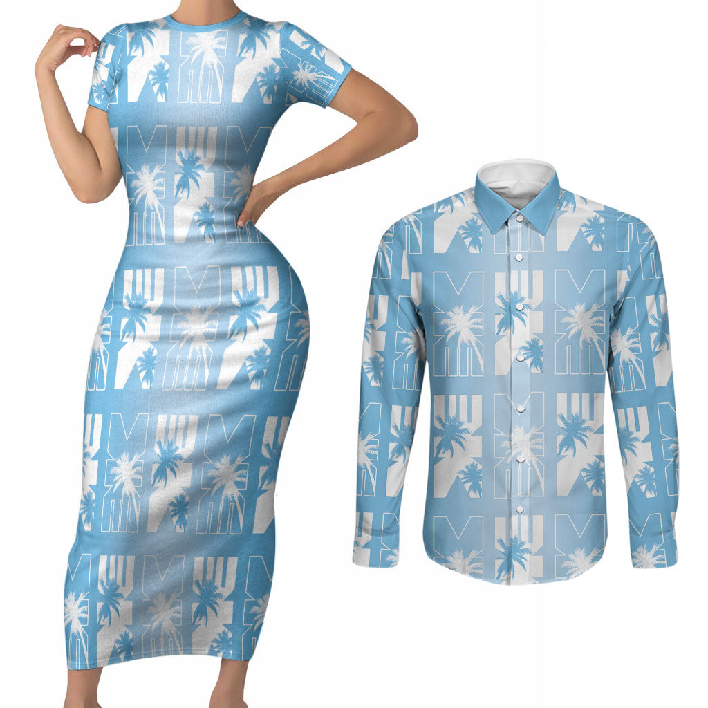 Bula Fiji Couples Matching Short Sleeve Bodycon Dress and Long Sleeve Button Shirt Blue Makare Masi Tapa Pattern