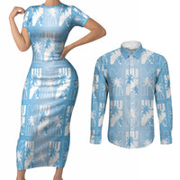 Bula Fiji Couples Matching Short Sleeve Bodycon Dress and Long Sleeve Button Shirt Blue Makare Masi Tapa Pattern LT05 Blue - Polynesian Pride